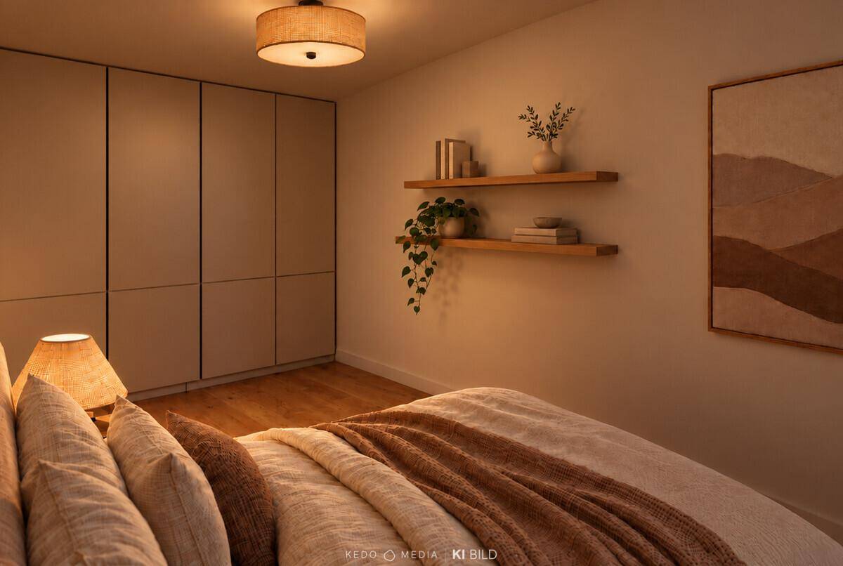 Gemütliches Schlafzimmer mit hellem Holzboden, Einbauschränken und schwebenden Wandregalen.