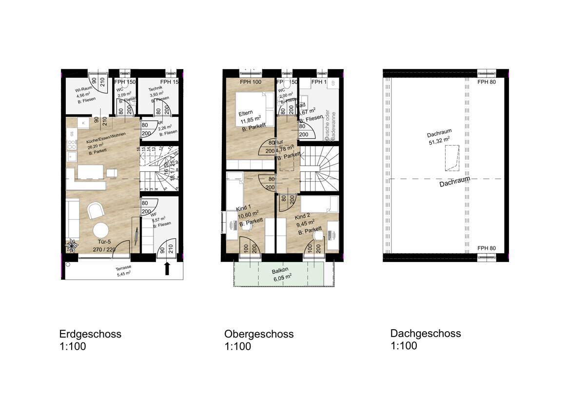 Grundrisspläne für Erdgeschoss, Obergeschoss und Dachgeschoss mit Raumaufteilung und Balkon.