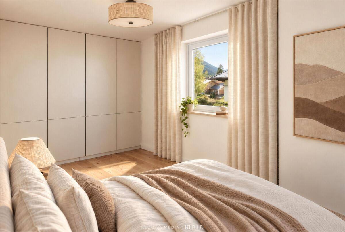 Helles Schlafzimmer mit Einbauschränken, Holzboden und Fenster mit Blick auf die Umgebung.
