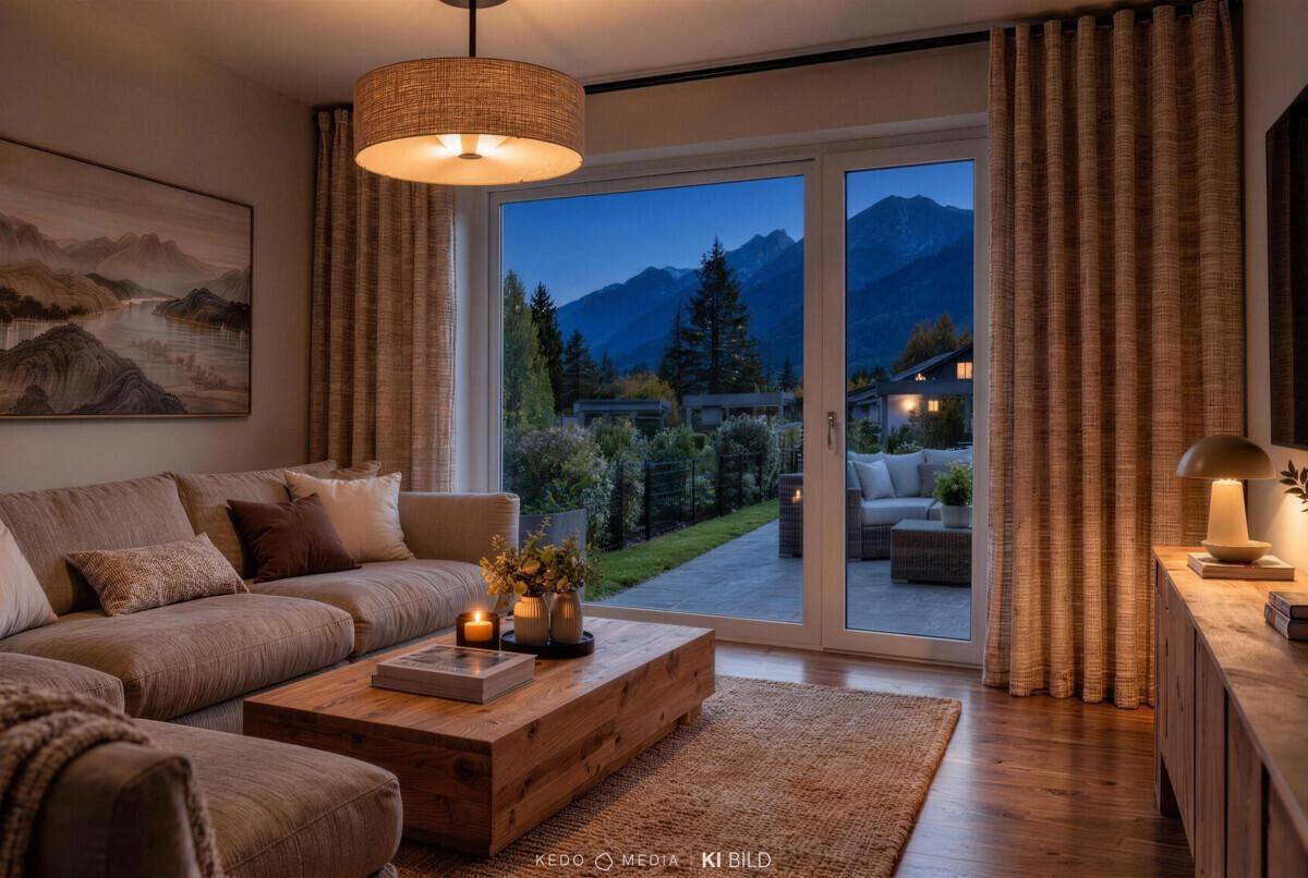 Gemütliches Wohnzimmer am Abend mit indirekter Beleuchtung und Blick auf die beleuchtete Terrasse und Berge.