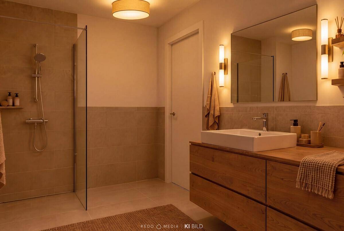 Modernes Badezimmer mit begehbarer Dusche, Holzwaschtisch und großem Spiegel.
