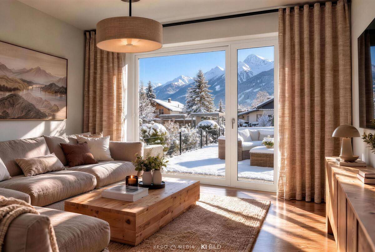 Helles Wohnzimmer mit gemütlichem Sofa, Holztisch und Zugang zur verschneiten Terrasse mit Bergblick.