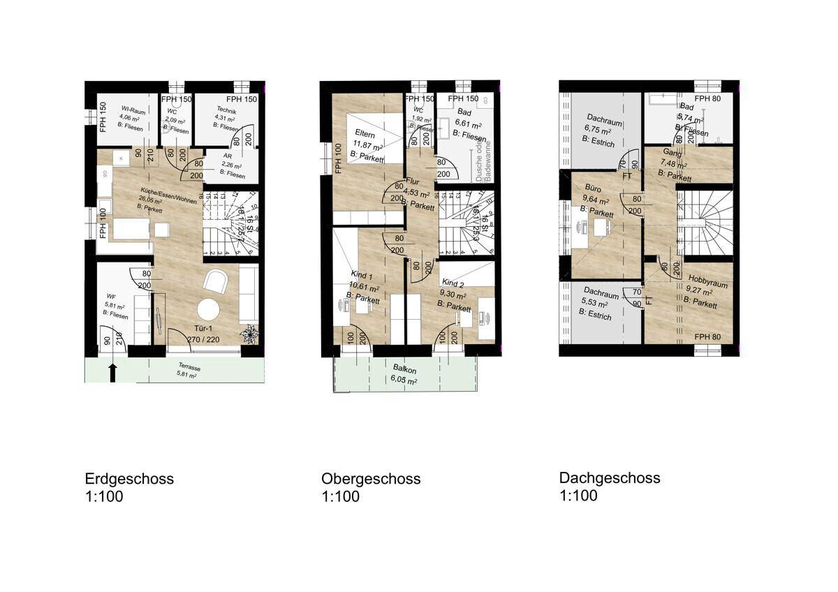 Grundrisse für Erdgeschoss, Obergeschoss und Dachgeschoss mit Raumaufteilung und Balkon.