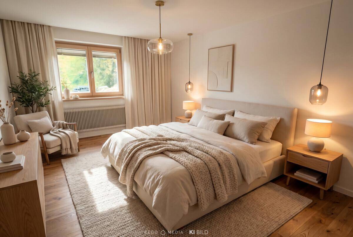 Helles Schlafzimmer mit Doppelbett, Holzboden und indirekter Beleuchtung für eine entspannte Atmosphäre.