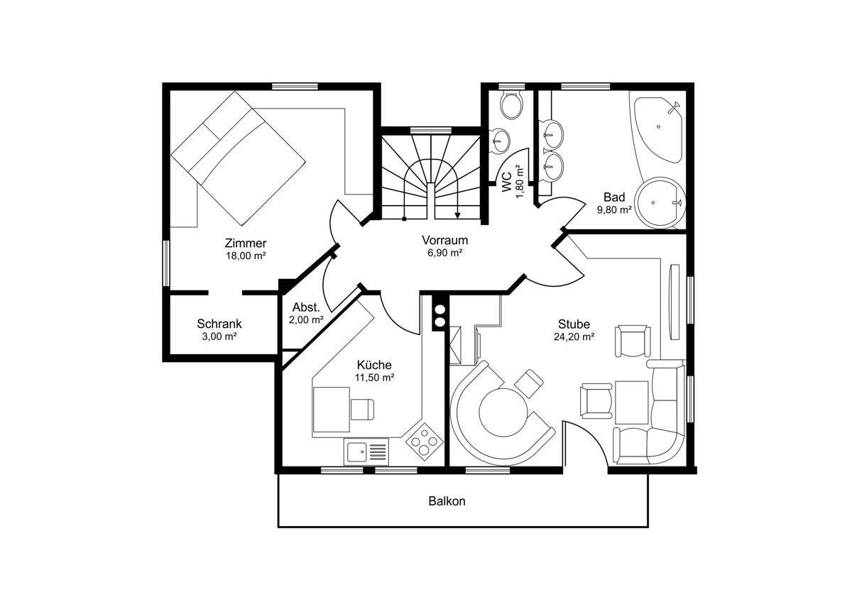 Obergeschoss-Grundriss mit Schlafzimmer, Bad, separatem WC, Küche, Wohnzimmer und Balkon.