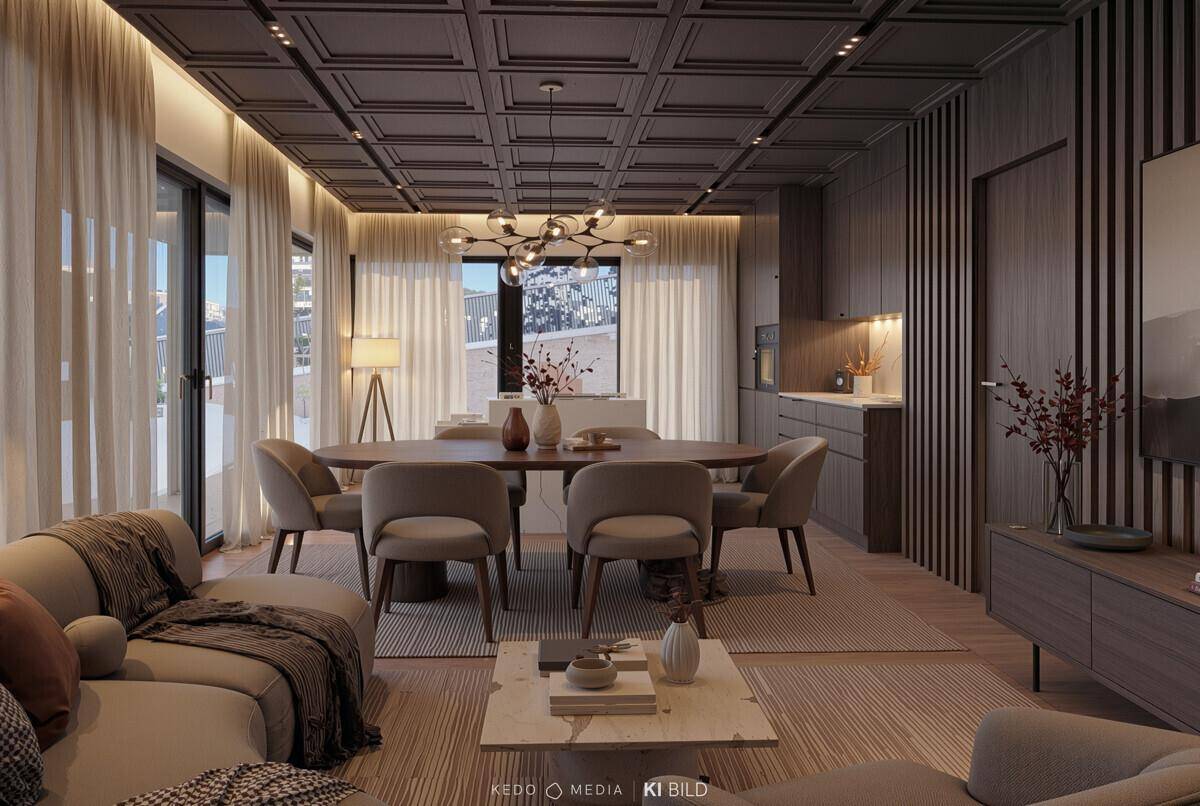 Eleganter Essbereich mit Holztäfelung und großen Fenstern, verbunden mit dem Wohnbereich.