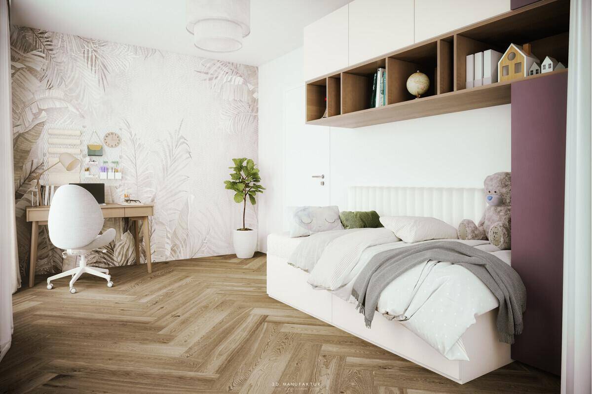 Gemütliches Schlafzimmer mit modernem Fischgrätparkett, Schreibtisch und dekorativer Tapete.