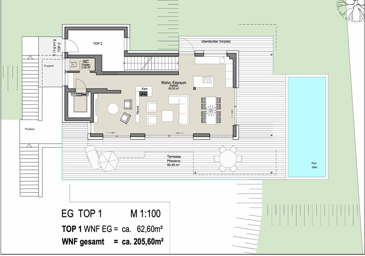 Grundriss des Erdgeschosses mit offenem Wohn-Essbereich, Terrasse und Pool.