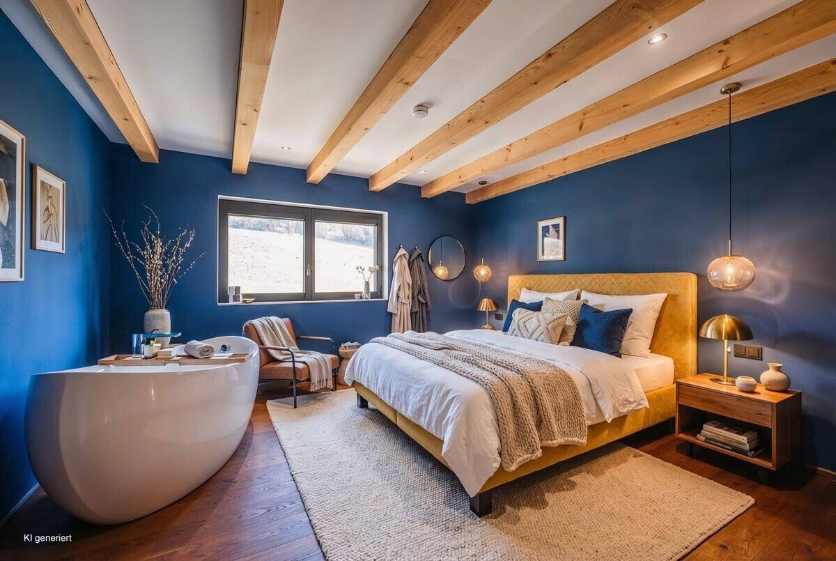 Modernes Schlafzimmer mit blauen Wänden, Holzbalken und freistehender Badewanne.