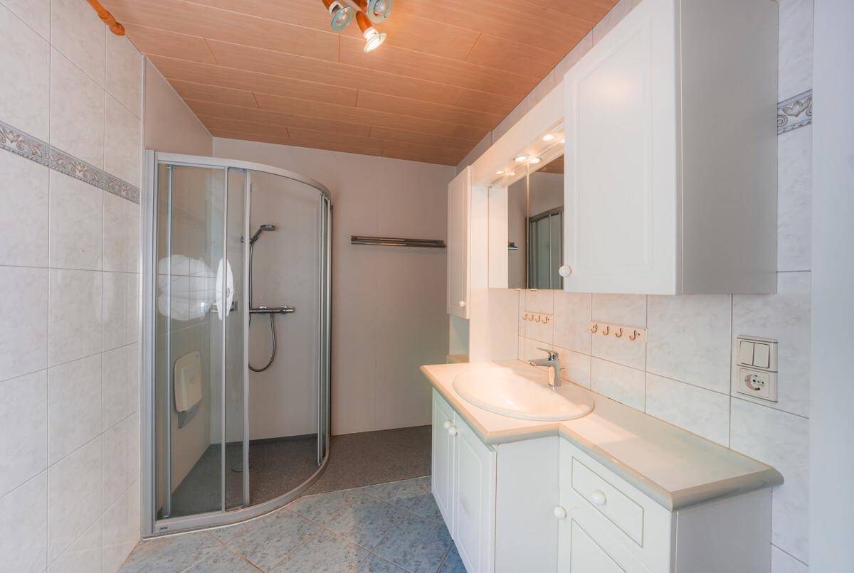 Badezimmer mit Duschkabine, Waschbecken und Spiegelschrank, ausgestattet mit Fliesen.