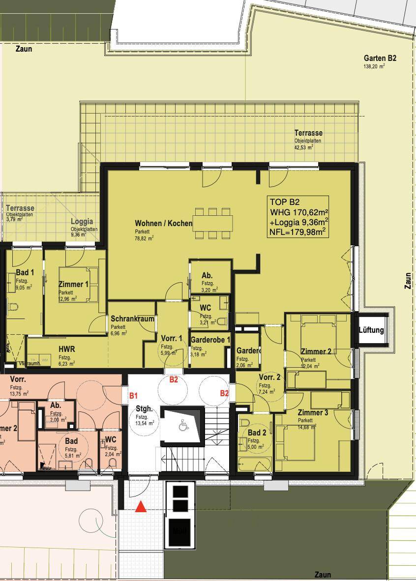 Detaillierter Grundriss einer Wohnung mit offenem Wohn-/Kochbereich, Schlafzimmern, Bädern, Terrasse und Loggia.