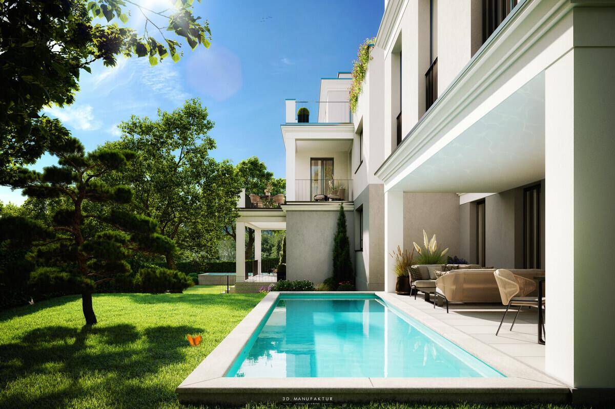 Sonniger Gartenbereich mit privatem Pool und gemütlicher Lounge-Ecke am Gebäude.