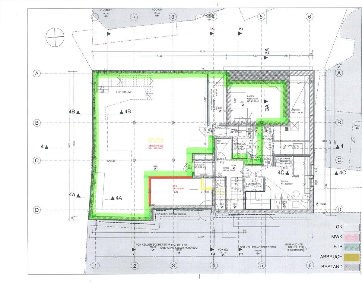 Technischer Grundriss des Untergeschosses mit Lagerflächen, Sauna und Technikräumen.