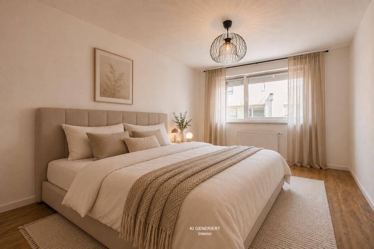 Virtuell möbliertes Schlafzimmer mit großem Bett, Teppich und viel Tageslicht, einladend und hell.