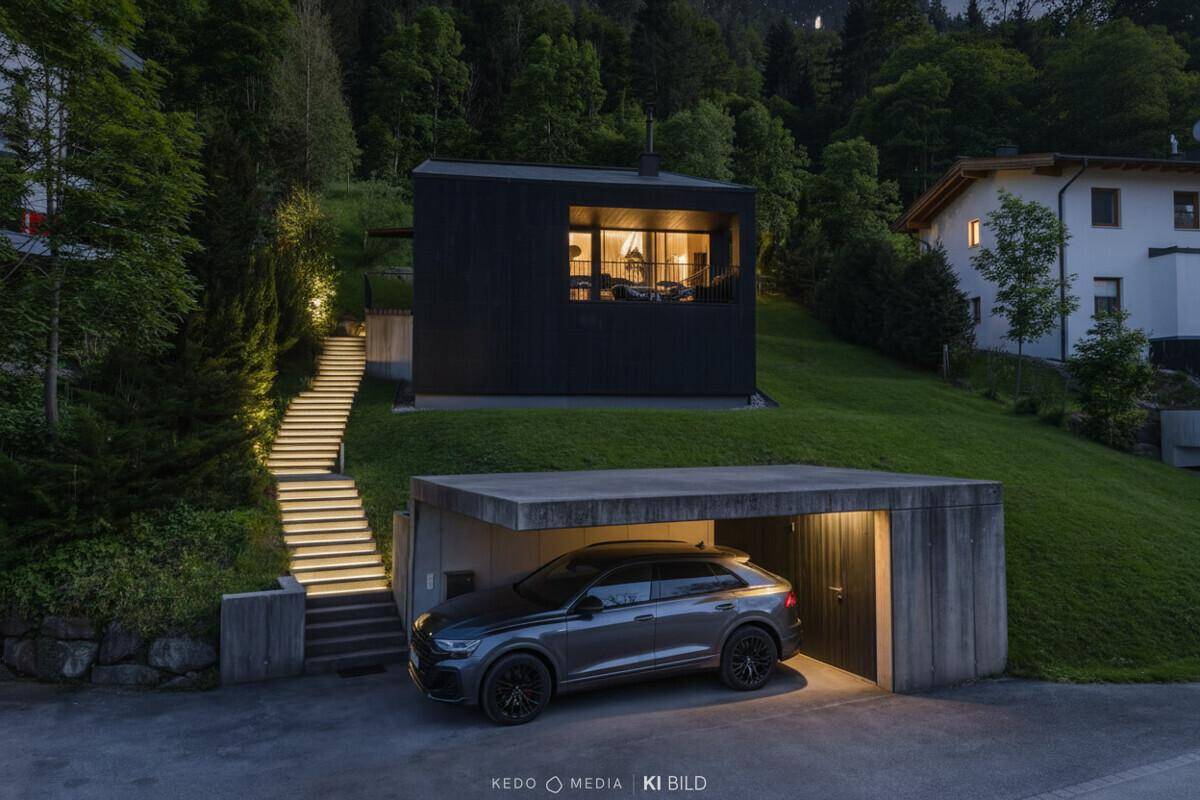 Beleuchtetes modernes Haus und Carport bei Nacht, eingebettet in die grüne Hügellandschaft mit Treppenbeleuchtung.