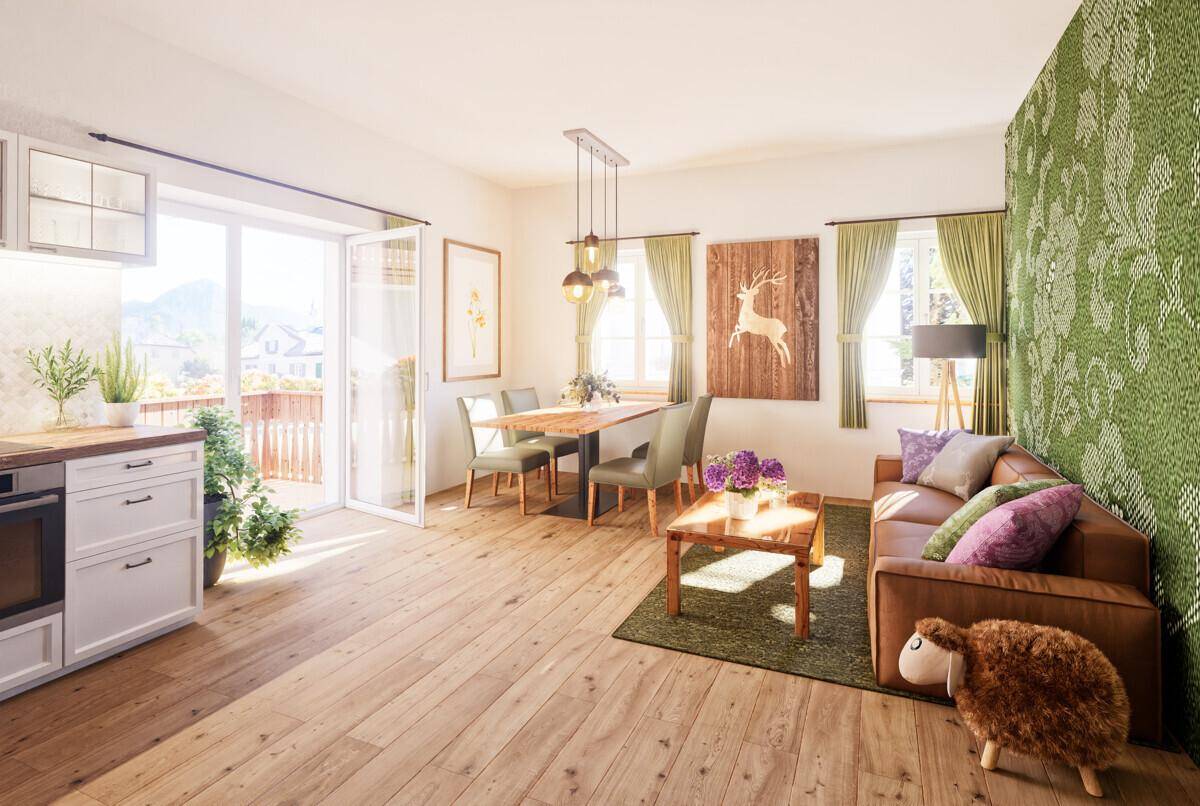 Heller Wohn- und Essbereich mit Holzboden, Zugang zum Balkon und traditioneller alpiner Dekoration.