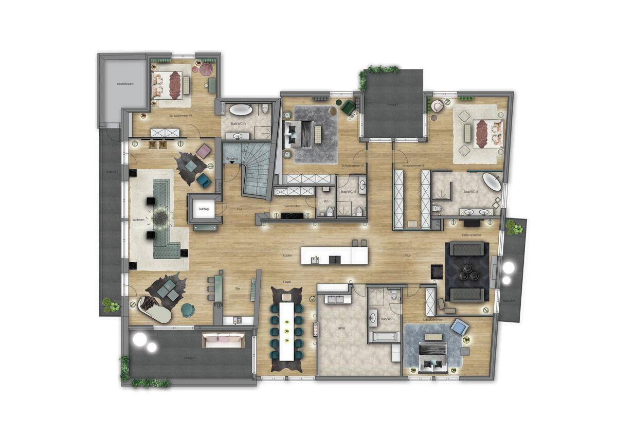 Detaillierter Grundriss der Wohnung mit mehreren Zimmern, Bädern und Außenbereichen.