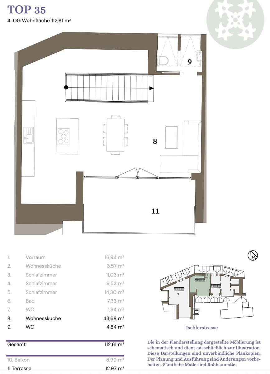 Grundriss einer Wohnung im Obergeschoss mit offener Wohnküche und Terrasse.