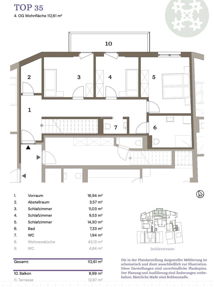 Grundriss einer Wohnung im Obergeschoss mit mehreren Schlafzimmern und Balkon.