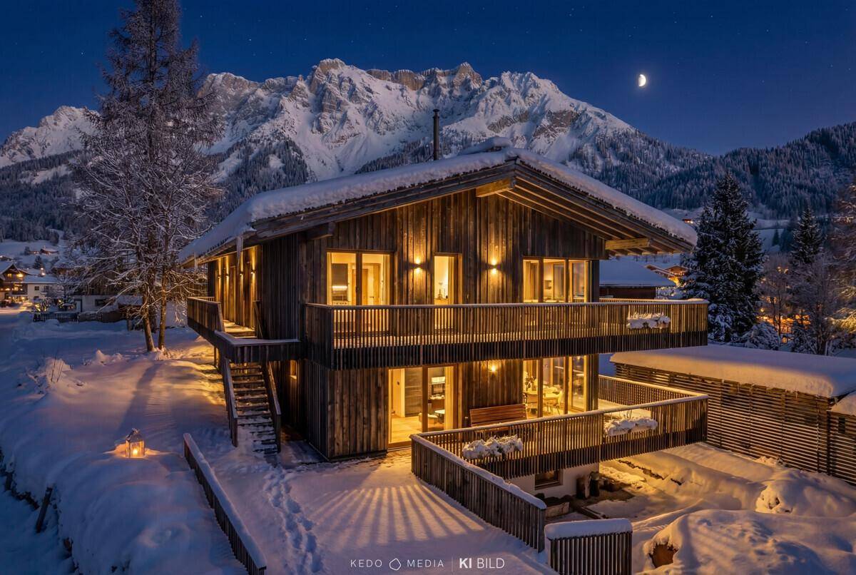 Beleuchtetes Chalet mit Holzfassade und Balkonen in einer idyllischen, verschneiten Berglandschaft bei Nacht.