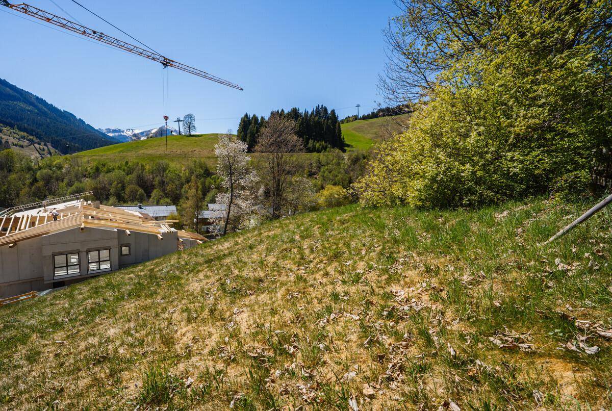 Grüne Wiese im Vordergrund mit Blick auf eine Baustelle und schneebedeckte Berge in der Ferne.