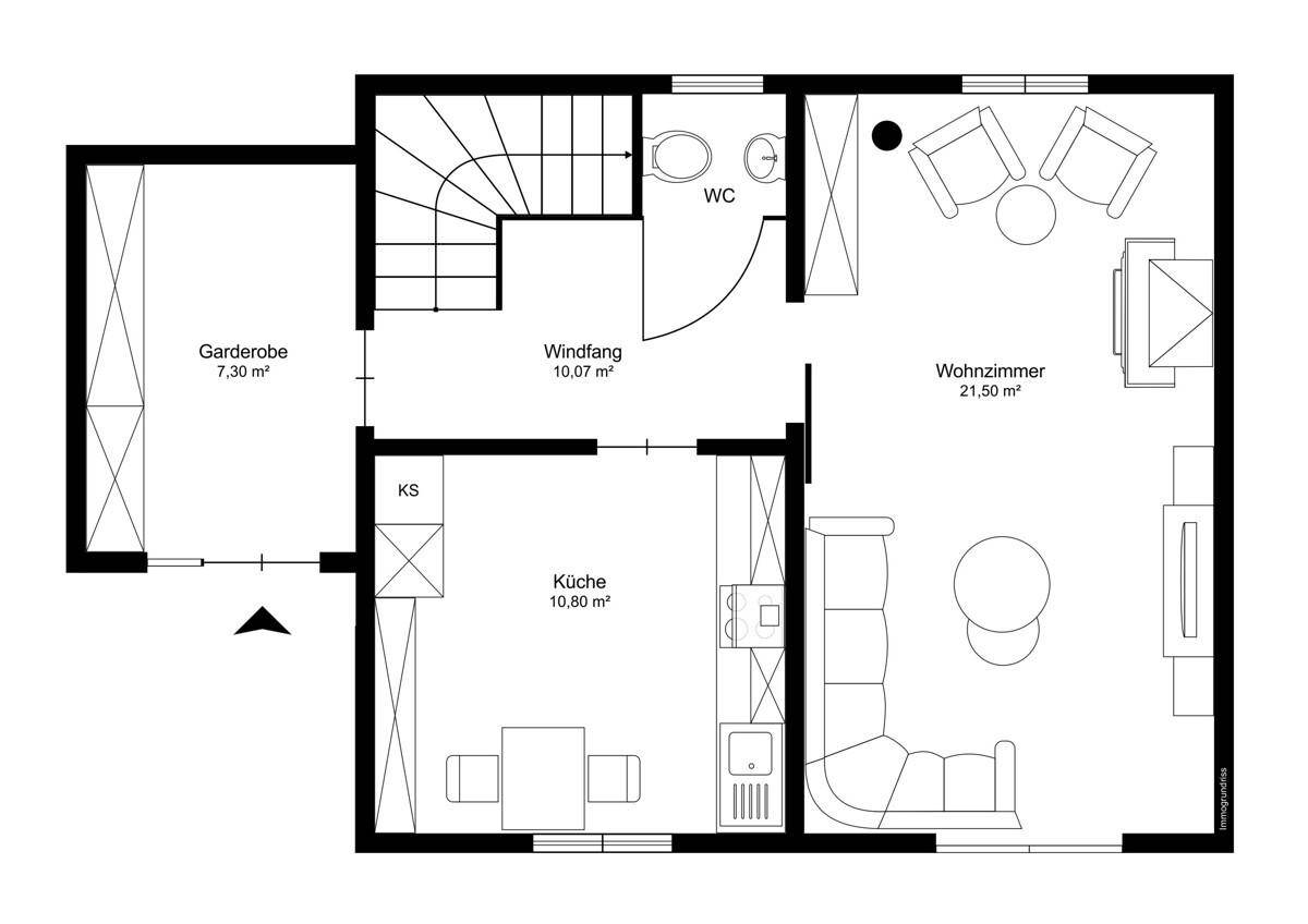 Grundriss des Erdgeschosses mit Wohnzimmer, Küche, Windfang und WC.