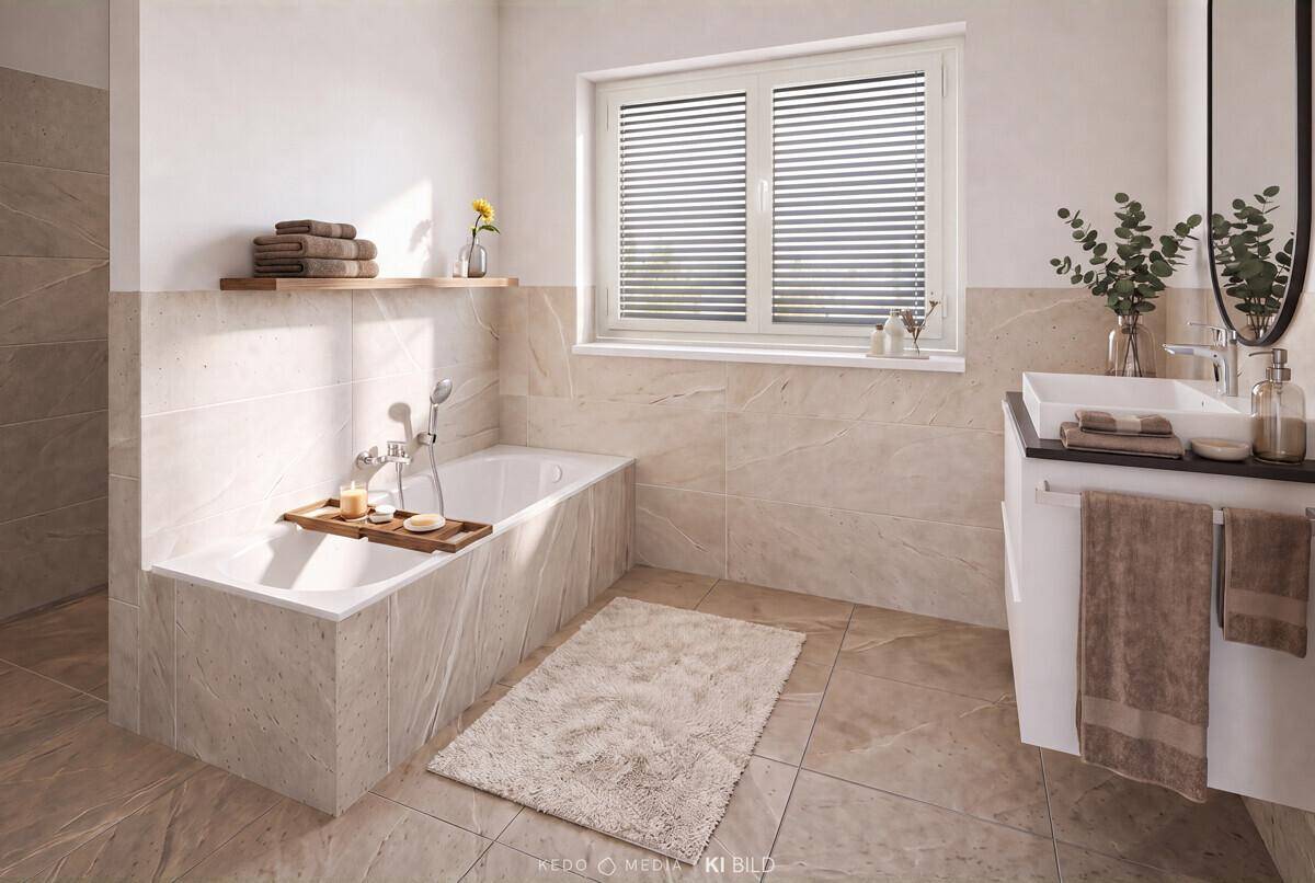 Helles, modernes Badezimmer mit Badewanne, Einzelwaschbecken und Fenster, in beigen Fliesen gehalten.