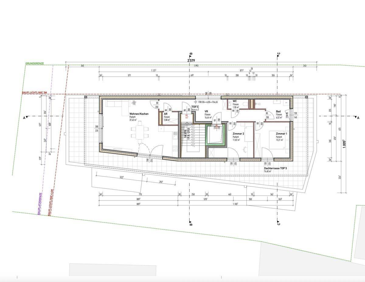 Grundriss einer Wohnung mit Wohnküche, zwei Zimmern, Bad und Dachterrasse.