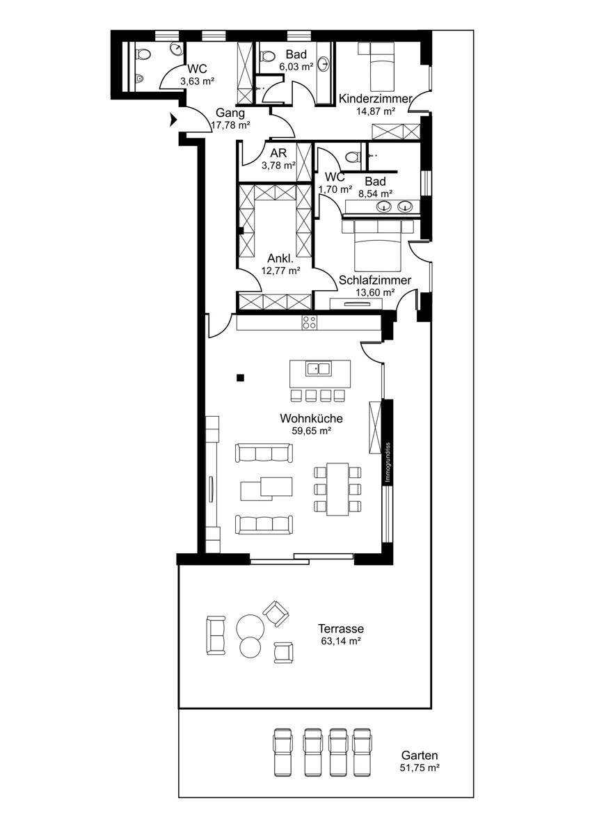 Grundriss einer Wohnung mit großer Wohnküche, zwei Bädern, Ankleidezimmer, Terrasse und Garten.