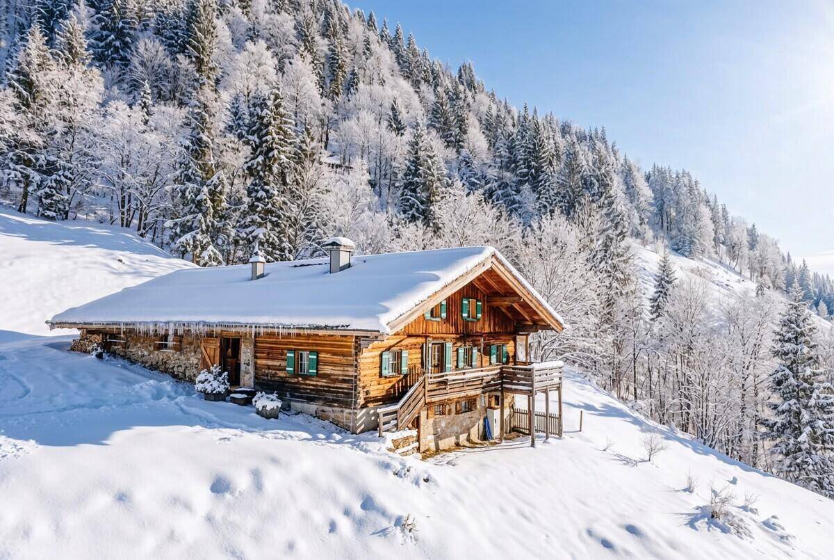 Idyllisches Chalet im Winter, umgeben von tiefem Schnee und verschneiten Tannenbäumen.