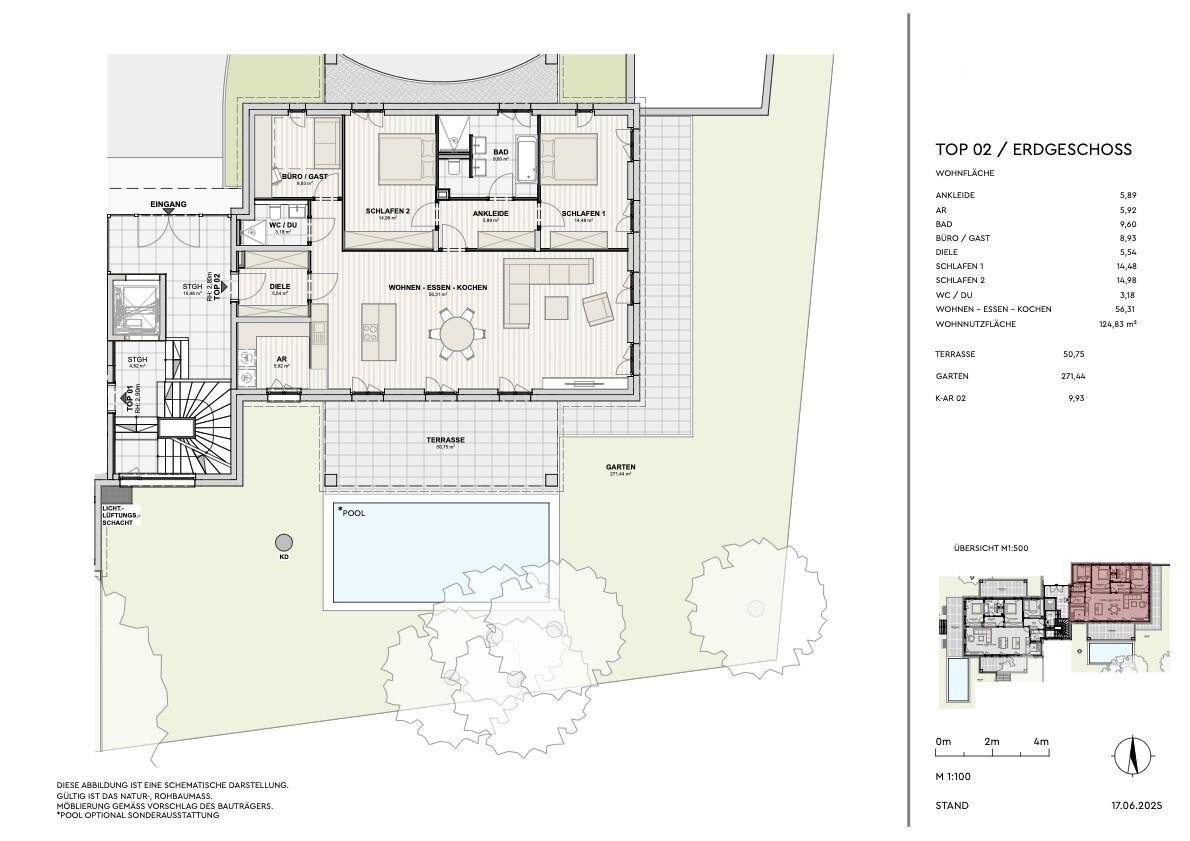 Grundriss des Erdgeschosses mit offenem Wohnbereich, Schlafzimmern, Terrasse und Pool.