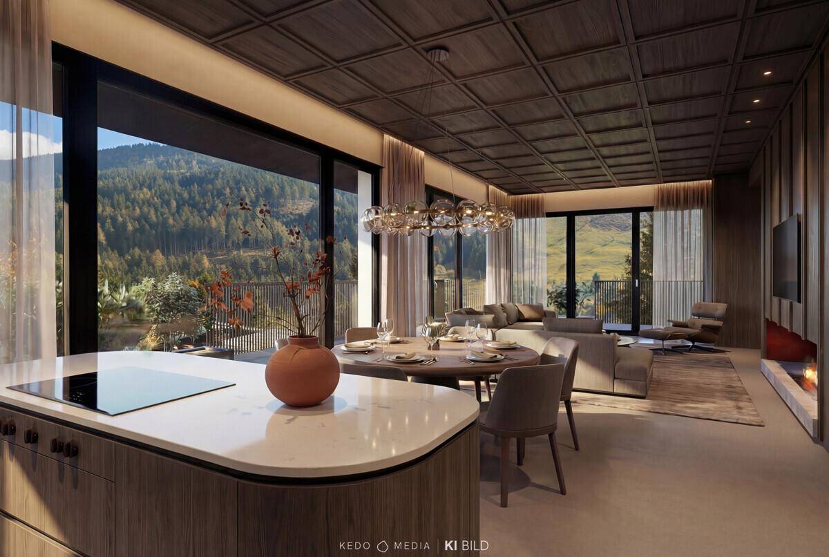 Offener Wohn-Essbereich mit moderner Küche, Kamin und Panoramablick auf die Berge.