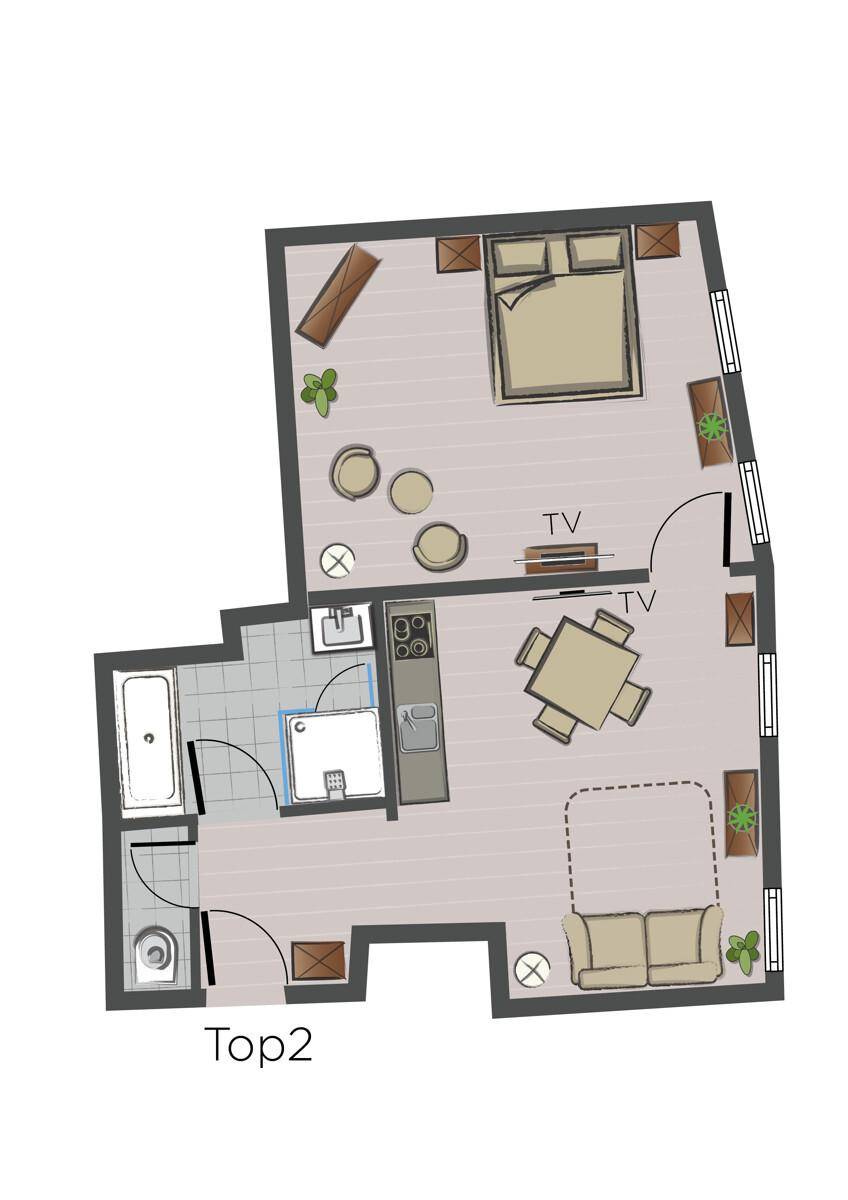 Grundriss der Wohnung Top2 mit Schlafzimmer, offenem Wohnbereich und Bad.