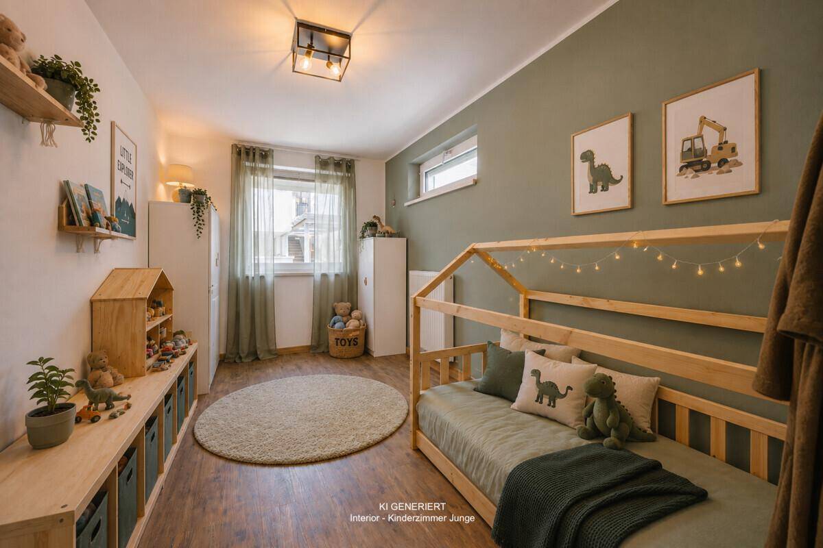 Virtuell eingerichtetes Kinderzimmer für Jungen mit grüner Dekoration und spielerischen Details.