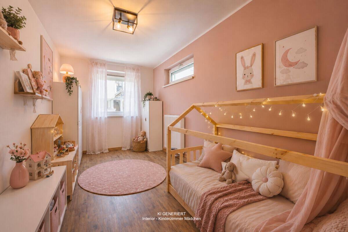 Virtuell eingerichtetes Kinderzimmer für Mädchen mit rosa Dekoration und gemütlichem Holzbett.