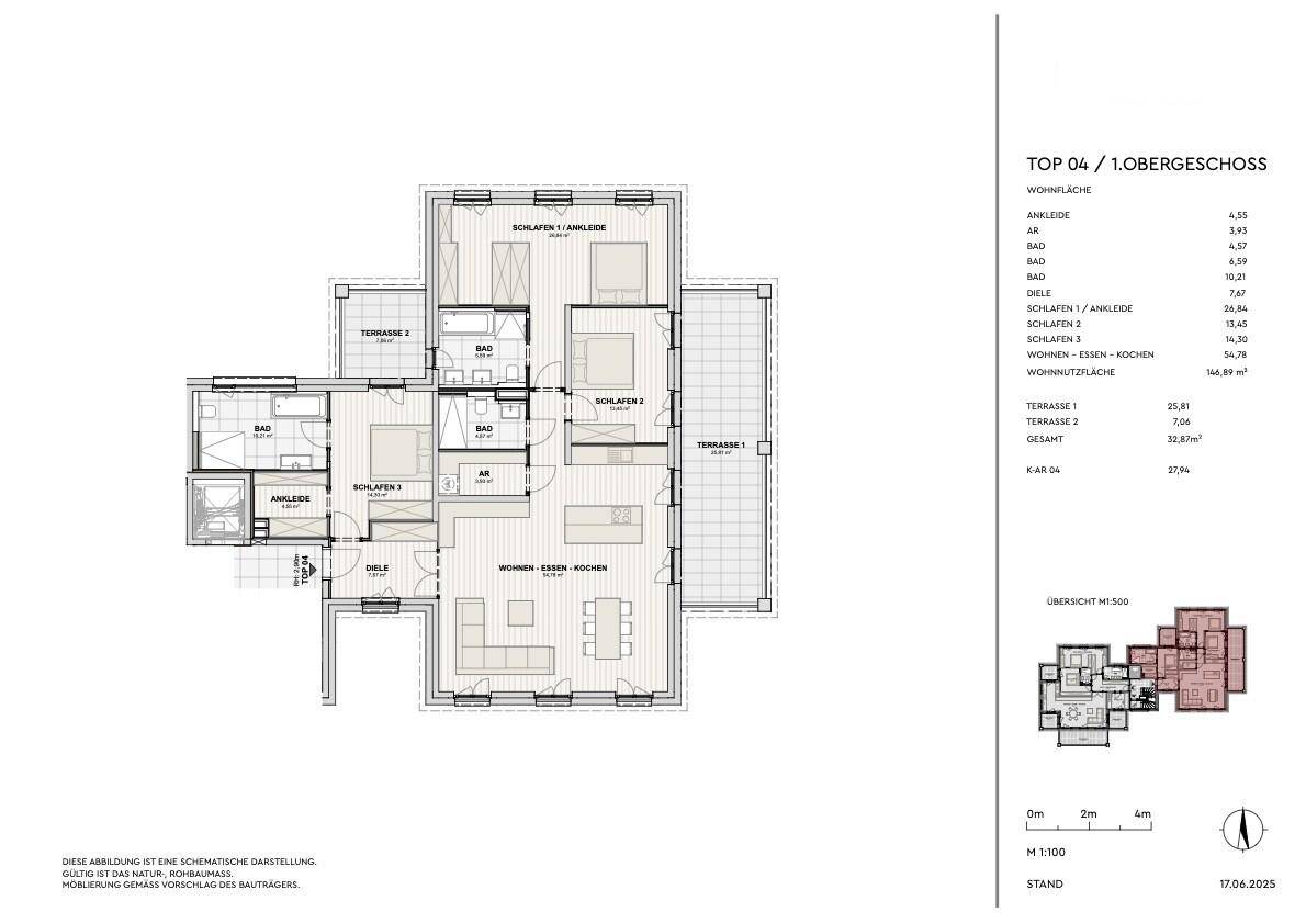 Grundriss für eine Wohnung im Obergeschoss mit drei Schlafzimmern, offenem Wohnbereich und zwei Terrassen.