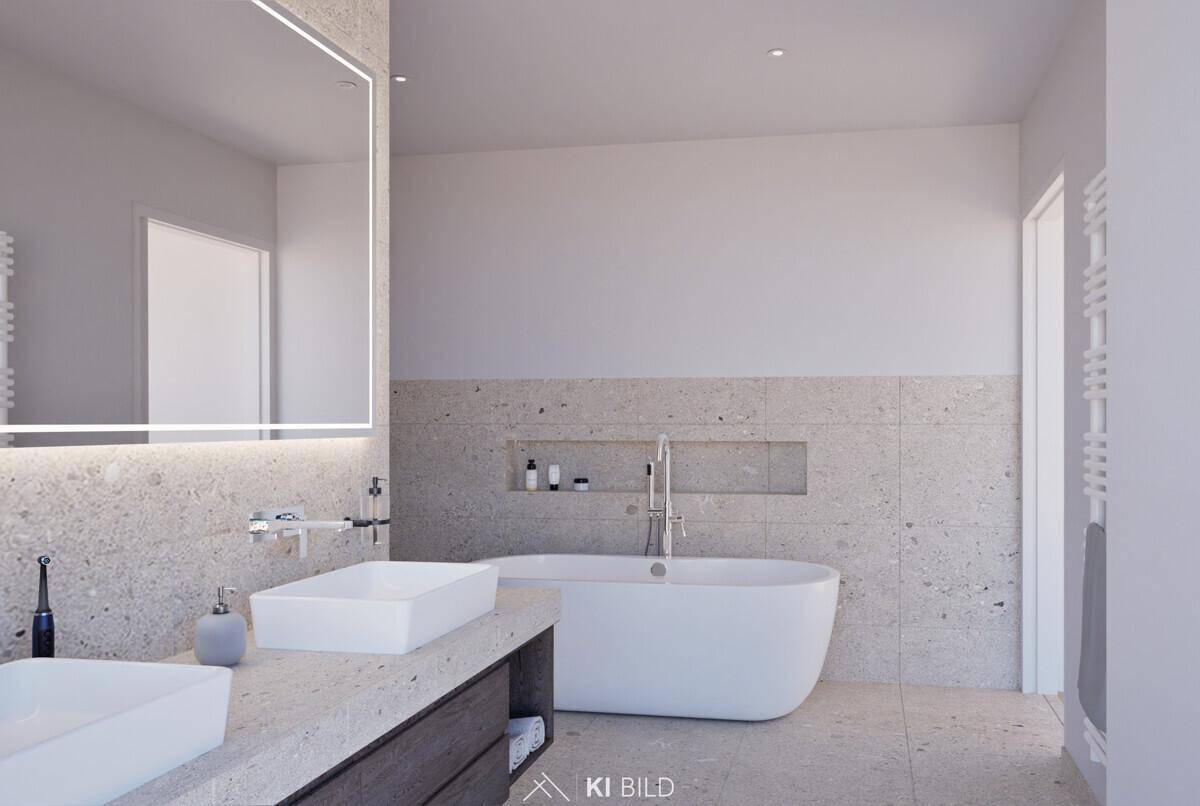 Elegantes Badezimmer mit freistehender Badewanne, Doppelwaschbecken und modernen Fliesen.