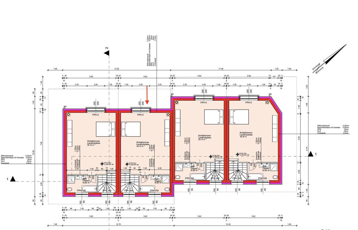 Grundriss des Dachgeschosses mit Schlafzimmern, Bädern und angedeuteten Dachschrägen.