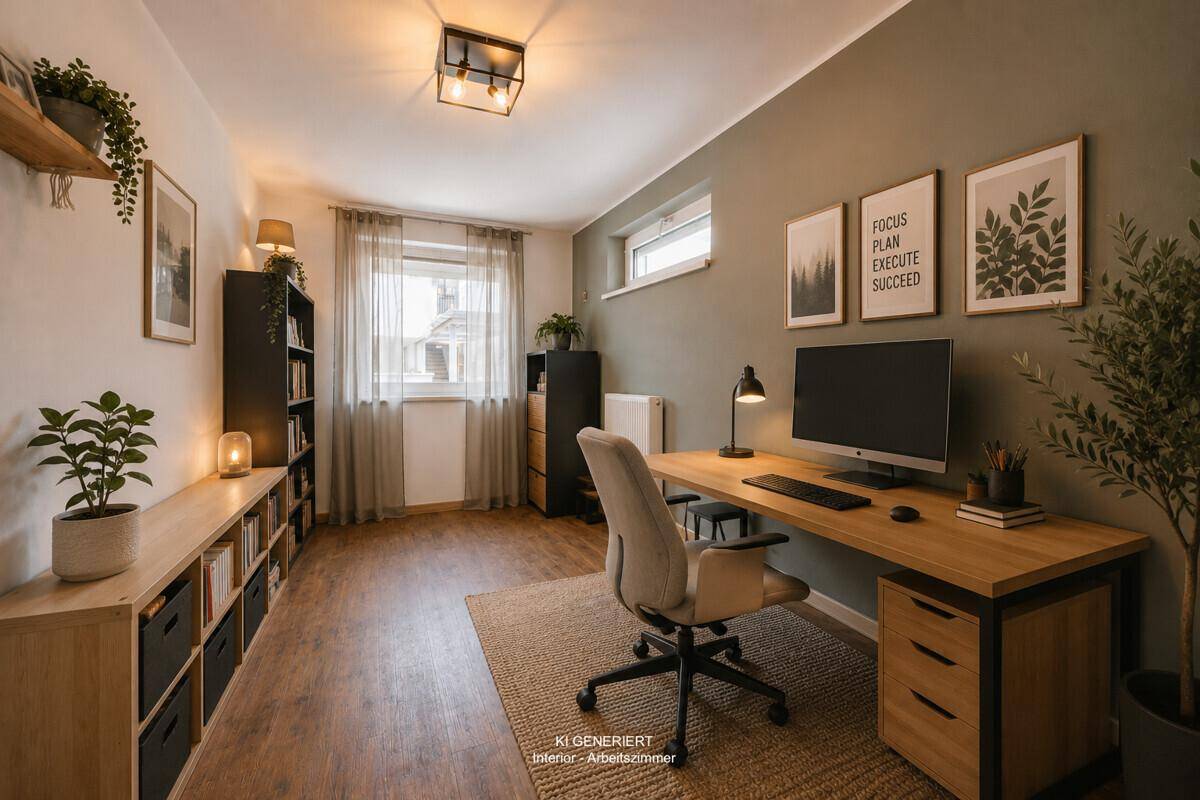 Virtuell eingerichtetes Arbeitszimmer mit Schreibtisch, Bürostuhl und Bücherregalen, ideal für Home-Office.