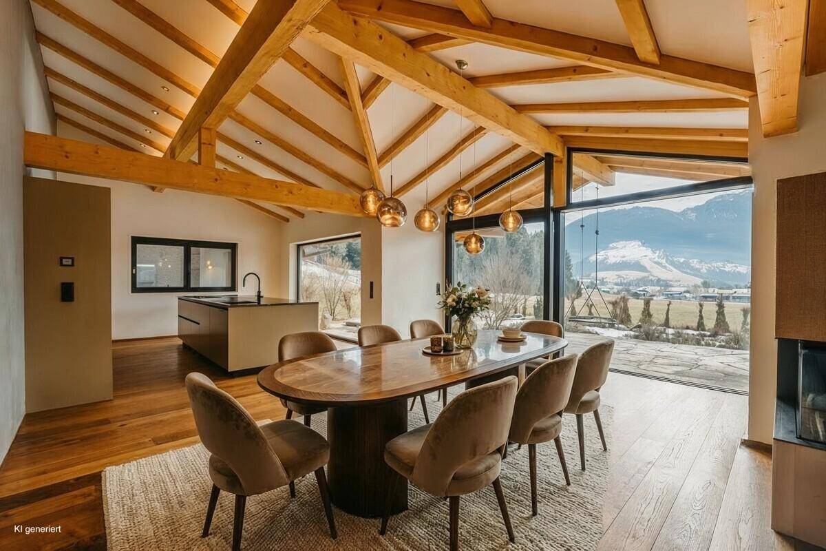 Heller Essbereich mit Holzbalken, moderner Küche und Zugang zur Terrasse mit Bergblick.