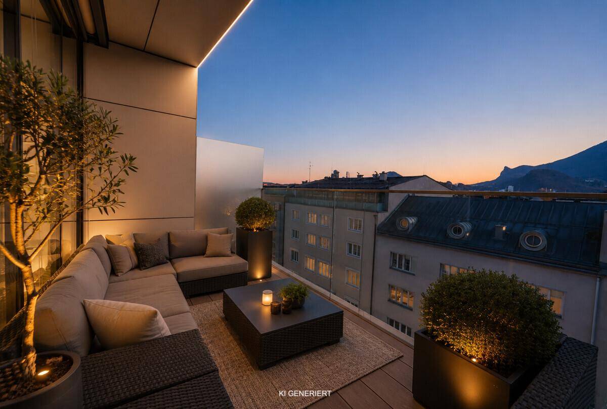 Gemütliche, möblierte Dachterrasse mit Pflanzen und Stadtblick bei Dämmerung.