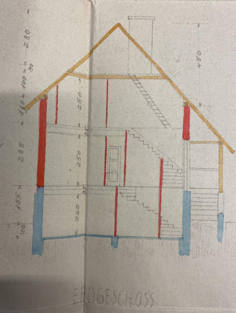 Querschnittszeichnung eines Hauses mit Dachschräge und Treppenverlauf über mehrere Etagen.