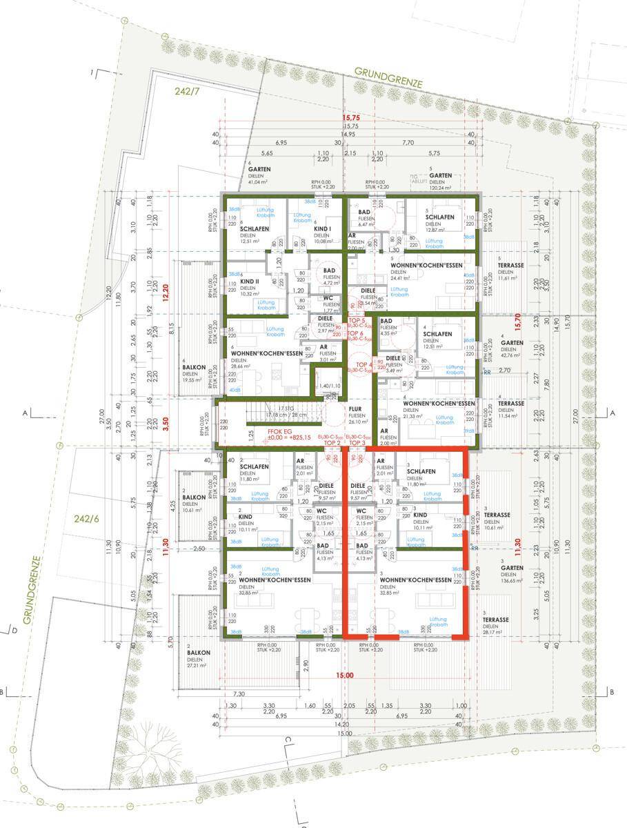 Umfassender Grundrissplan mit mehreren Wohneinheiten, Balkonen, Terrassen und Gärten.