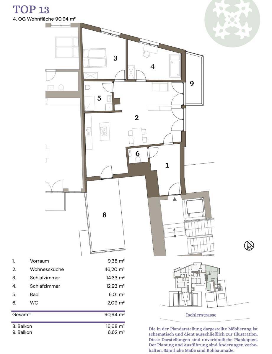 Grundriss der Wohnung TOP 13 im 4. Obergeschoss mit zwei Balkonen und Wohnküche.