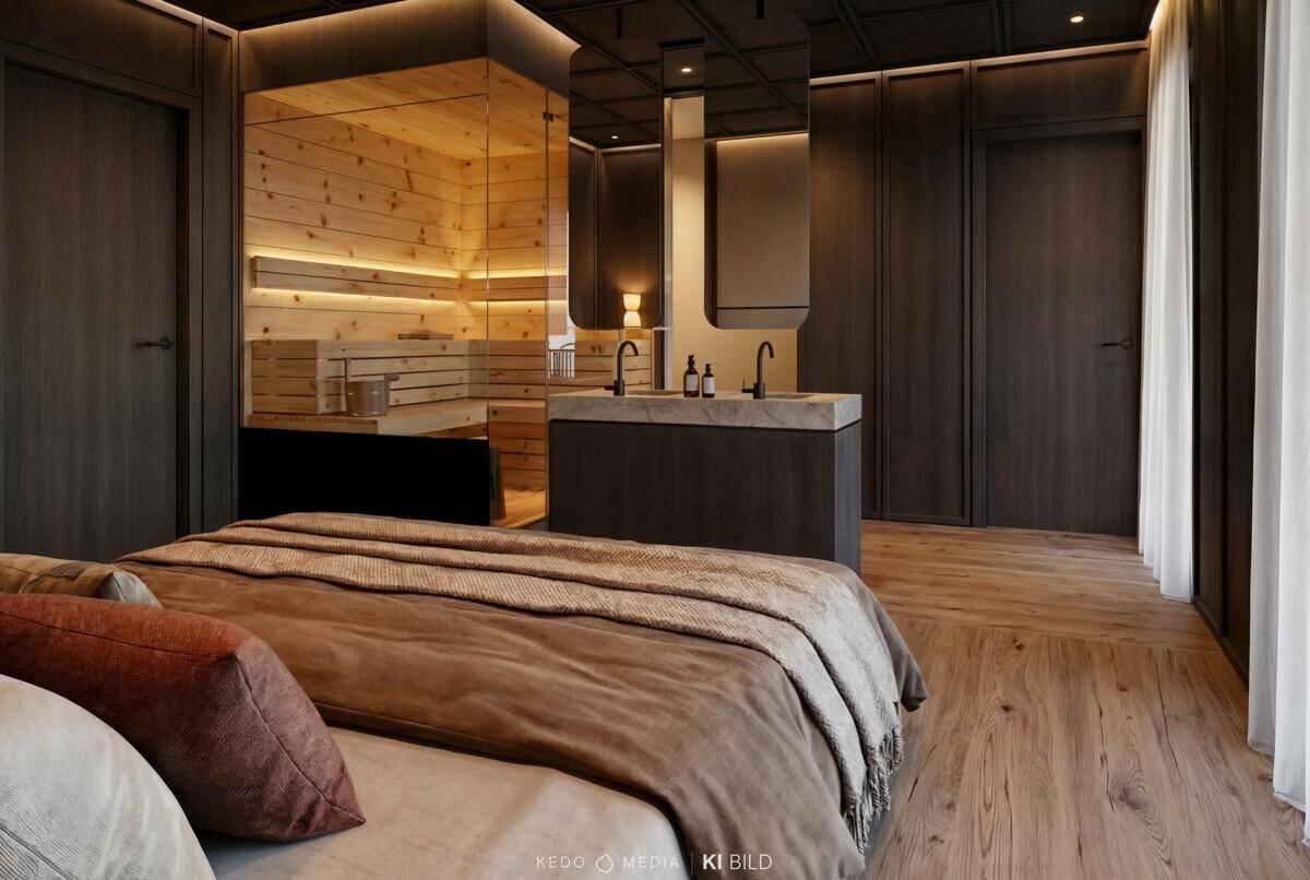 Schlafzimmer mit integrierter Sauna, Doppelwaschbecken und Holzboden für Wellness-Momente.