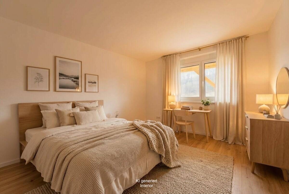 Freundliches Schlafzimmer mit Holzboden, beigem Teppich und Schreibtisch am Fenster, hell und einladend.