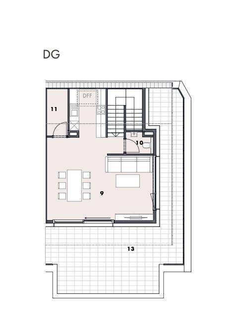 Grundriss des Dachgeschosses mit offenem Wohnbereich, Küche und großer Dachterrasse.