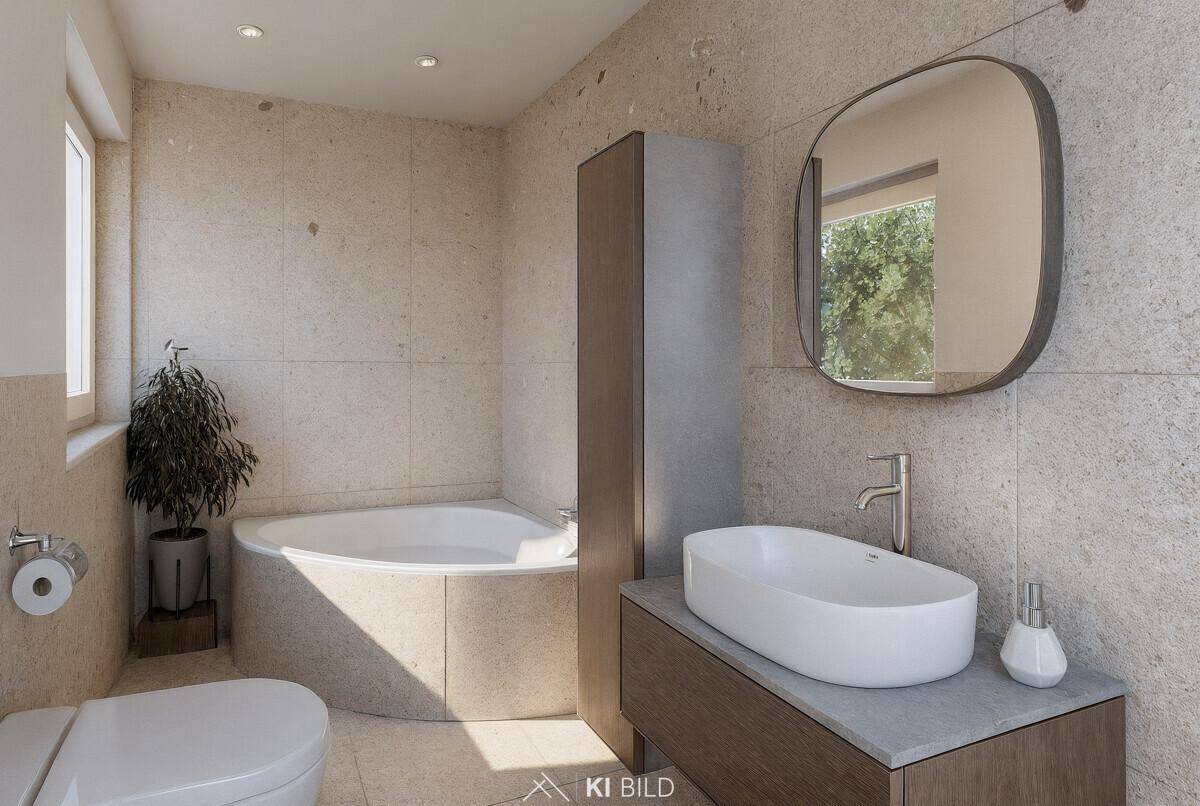 Modernes Badezimmer mit Badewanne, elegantem Waschbecken und Fenster für Tageslicht.