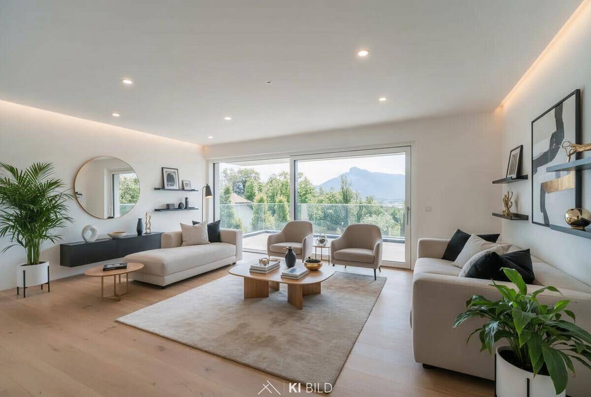 Helles Wohnzimmer mit moderner Einrichtung, Holzboden und großzügigen Fenstern mit Bergblick.