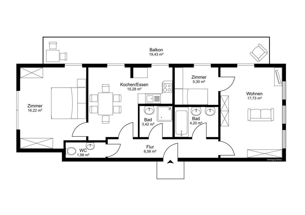 Grundriss einer Wohnung mit drei Zimmern, zwei Bädern und einem großen Balkon.